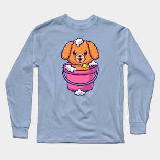 Cute Poodle Dog Bathing In Bucket With Bubble Cartoon Long Sleeve T-Shirt